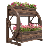 Outsunny Fioriera in Legno da Esterno a 2 Livelli con 3 Vasi e Ruote di Carro Stile Country, 55x32x56cm