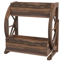 Outsunny Fioriera in Legno da Esterno a 2 Livelli con 3 Vasi e Ruote di Carro Stile Country, 55x32x56cm(m-10)