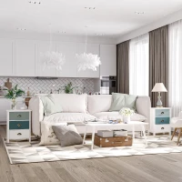 HOMCOM Bedside Table Set of 2 Chest of 3 Drawers Shabby Chic Nightstands with Metal Handle Sofa Side Table for Living Room, Bedroom,Grey and blue(m-10)