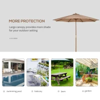 Outsunny 3(m) Garden Umbrella Wooden Parasol 8 Ribs Bamboo Sun Shade Patio Outdoor Umbrella Canopy Khaki(m-5)