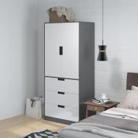 HOMCOM 2 Door Wardrobe, Modern Wardrobe with 3 Drawers and Hanging Rod for Bedroom, Grey(m-10)