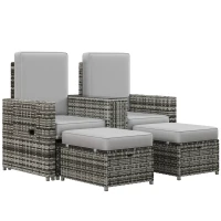 Outsunny Rattan Sun Lounger w/ Storage Tea Table & Footstools, Grey(m-1)