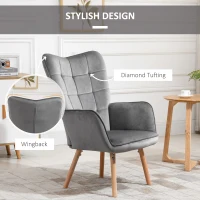 HOMCOM Modern Accent Chair Velvet-Touch Tufted Wingback Armchair Upholstered Leisure Lounge Sofa Club Chair with Wood Legs, Set of 2, Grey(m-5)