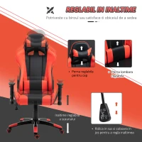 HOMCOM Fotoliu de Birou Gaming Rotativ Reclinabil in Piele Sintetica, Negru-Rosu(m-4)