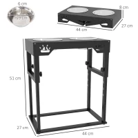 PawHut Portaciotole per Cani 44x27x51 cm a 7 Altezze Regolabili con 2 Ciotole Rialzate Ø19x6 cm, in Acciaio Nero(m-3)