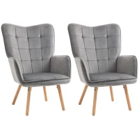 HOMCOM Modern Accent Chair Velvet-Touch Tufted Wingback Armchair Upholstered Leisure Lounge Sofa Club Chair with Wood Legs, Set of 2, Grey(m-11)