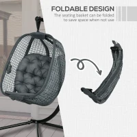 Outsunny Outdoor Swing Chair with Thick Padded Cushion, Patio Hanging Chair with Metal Stand, Egg Chair with Foldable Basket, Cup Holder, for Indoor and Outdoor, Dark Grey(m-5)