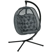 Outsunny Outdoor Swing Chair with Thick Padded Cushion, Patio Hanging Chair with Metal Stand, Egg Chair with Foldable Basket, Cup Holder, for Indoor and Outdoor, Dark Grey(m-11)
