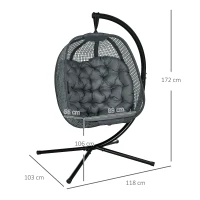 Outsunny Outdoor Swing Chair with Thick Padded Cushion, Patio Hanging Chair with Metal Stand, Egg Chair with Foldable Basket, Cup Holder, for Indoor and Outdoor, Dark Grey(m-3)