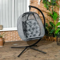 Outsunny Outdoor Swing Chair with Thick Padded Cushion, Patio Hanging Chair with Metal Stand, Egg Chair with Foldable Basket, Cup Holder, for Indoor and Outdoor, Dark Grey(m-2)