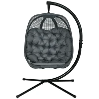 Outsunny Outdoor Swing Chair with Thick Padded Cushion, Patio Hanging Chair with Metal Stand, Egg Chair with Foldable Basket, Cup Holder, for Indoor and Outdoor, Dark Grey(m-1)
