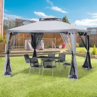 Outsunny Pérgola de Jardim 294x294x265cm com Duplo Teto de Ventilação 8 Orifícios de Drenagem e 4 Telas Mosquiteiras Cinza(m-2)