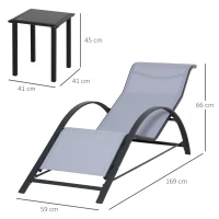 Outsunny Conjunto de 2 Espreguiçadeiras de Jardim 59x169x66 cm com Mesa 41x41x45 cm  Vidro Temperado Apoio de Braços Cinza(m-3)
