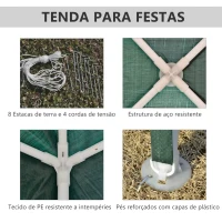 Outsunny Tenda Desmontável 3x3m Tenda de Jardim com 4 Orifícios de Drenagem e Estrutura de Aço para Pátio Campismo Verde(m-6)