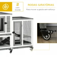 PawHut Coelheira de Madeira Interior Gaiola para Coelhos de 2 Níveis com Rodas 2 Rampas 3 Bandejas Amovíveis 110x50x86 cm Cinza(m-7)