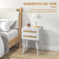 HOMCOM Mesa de Cabeceira Branca Estilo Boho com 2 Gavetas e Decoração de Vime para Quarto Sala de Estar 40x40x60 cm(m-5)