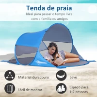 Outsunny Tenda de Praia Dobrável Pop-Up para 1-2 Pessoas com 1 Porta 2 Janelas e Bolsa de Transporte 200x120x90 cm Azul(m-4)