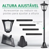 Outsunny Candeeiro Solar para Jardim com Painel Solar Acendimento Automático e Estrutura de Aço Inoxidável 18x18x160 cm Preto(m-6)