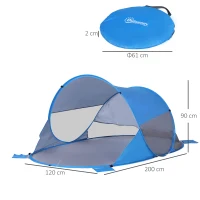 Outsunny Tenda de Praia Dobrável Pop-Up para 1-2 Pessoas com 1 Porta 2 Janelas e Bolsa de Transporte 200x120x90 cm Azul(m-3)