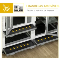 PawHut Coelheira de Madeira Interior Gaiola para Coelhos de 2 Níveis com Rodas 2 Rampas 3 Bandejas Amovíveis 110x50x86 cm Cinza(m-6)