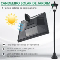Outsunny Candeeiro Solar para Jardim com Painel Solar Acendimento Automático e Estrutura de Aço Inoxidável 18x18x160 cm Preto(m-4)