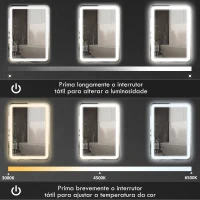 HOMCOM Espelho Casa de Banho com Luzes LED 70x50 cm Função Antiembaciamento 3 Temperaturas de Cor Ajustável e Função de Memória Prata(m-5)