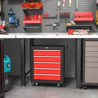 HOMCOM 5-Drawer Tool Chest with Wheels, Steel Lockable Tool Storage Cabinet with Handle, 2 Keys for Garage, Workshop, Red(m-2)