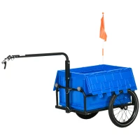 HOMCOM Rimorchio Bici ad Altezza Regolabile con Box Portaoggetti da 65L in Plastica, in Acciaio, 145x61x76/81 cm, Blu(m-10)
