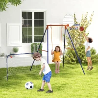 Outsunny Baloiço para Crianças 3 em 1 com Tabela de Basquetebol e Baliza de Futebol Desmontável e Estrutura de Aço Multicor(m-2)