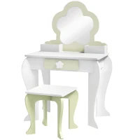 ZONEKIZ Toucador Crianças com Espelho e Banco Toucador de Maquilhagem para Crianças de 3-6 Anos 55x34x87,5 cm Branco e Verde Pastel(m-11)