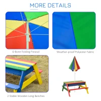 Outsunny Kids Picnic Table Set Wooden Bench Rainbow with Sandbox Removable & Height Adjustable Parasol Outdoor Garden Patio Backyard Beach 95 x 88.5 x 48.7cm(m-7)