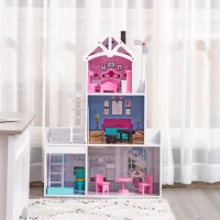 HOMCOM Kids 3 Storey Dollhouse with Furniture Accessories for Toddler Girls Aged 3-6 Years Pink(m-8)