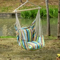 Outsunny Silla Hamaca Colgante de Algodón Silla Colgante con 2 Cojines 100x100 cm Carga 100 kg para Interior y Exterior Multicolor(m-7)