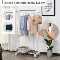 HOMCOM Estante de Ropa Perchero Estándar de Barra Altura Ajustable Portátil con Estante Inferior sobre Ruedas Tubería de Acero 68,5x42x87-145 cm Blanco Plata(m-5)