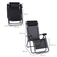 Outsunny Chaise Longue Pliable de Jardin zéro gravité tétière Acier textilène imperméable Noir(m-3)