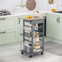 HOMCOM Rolling Kitchen Cart, Utility Storage Cart with 4 Basket Drawers & Side Racks, Wheels for Dining Room, Grey(m-2)