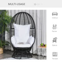 Outsunny Fauteuil rond de jardin fauteuil cocon pivotant grand confort coussins inclus polyester blanc résine tressée noire(m-6)