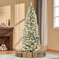 HOMCOM 6FT Prelit Artificial Snow Flocked Christmas Tree with Warm White LED Light, Holiday Home Xmas Decoration, Green White(m-2)