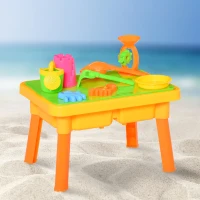 HOMCOM 16 Pcs Sand and Water Play Table Sand Pit Beach Toy Set 2 in 1 Outdoor Activities Playset with Lid and Accessories for 3 Years Old(m-2)