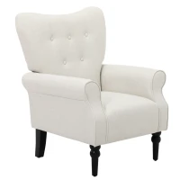 HOMCOM Fauteuil Classique Esprit bohème-Chic Dossier 5 Boutons accoudoirs courbés piètement Bois hévéa Noir revêtement Aspect Lin écru(m-1)