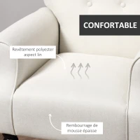 HOMCOM Fauteuil Classique Esprit bohème-Chic Dossier 5 Boutons accoudoirs courbés piètement Bois hévéa Noir revêtement Aspect Lin écru(m-6)