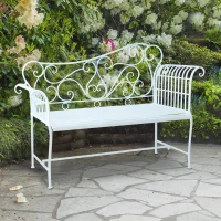 Outsunny Garden 2 Seater Metal Bench Outdoor Seating Furniture Chair w/Decorative Backrest White(m-10)