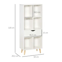 HOMCOM Estantería para Libros con 1 Cajón y Patas de Madera 6 Compartimentos Abiertos de Almacenaje 50x29,5x120 cm Blanco(m-3)