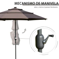 Outsunny Sombrilla de Jardín Ø300x250cm con Luces LED y Panel Solar Manivela Ángulo Ajustable en 3 Posiciones Parasol para Patio Terraza Piscina Café(m-7)
