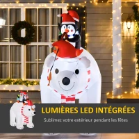HOMCOM Ours Polaire Gonflable de Noël avec Lumières LED 206cm Décoration Gonflable de Noël Imperméable avec 2 Pingouins(m-4)