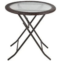 Outsunny Folding Round Tempered Glass Metal Table with Brown Rattan Edging(m-1)