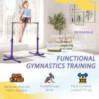 HOMCOM Barre fixe de gymnastique pour enfant, hauteur réglable 13 niveaux de 92-150 cm, acier et bois en hêtre, barre d'entrainement de gymnastique à domicile, antidérapant, facile à assembler, violt(m-5)