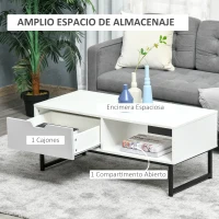 HOMCOM Mesa de Centro para Salón Moderna con Estante Abierto Cajón y Patas Elevadas Mesa Auxiliar para Sala de Estar Oficina 106x48x43 cm Blanco(m-4)