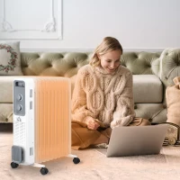 HOMCOM 2500W Oil Filled Radiator, 11 Fin, Portable Electric Heater with 3 Heat Settings, Safety Cut-Off and Wheels, White(m-10)