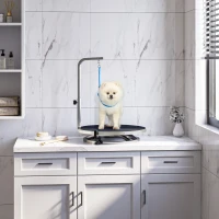 PawHut Round Pet Grooming Table Rotatable Dog Drying Table Adjustable Arm Stainless Steel Frame Safety Leash Φ55 cm Black(m-2)